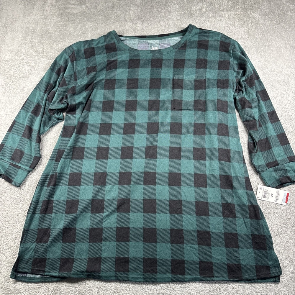 JENNI Women's Waffle Thermal Sleep Shirt June Checkered Board Size 2X NWT